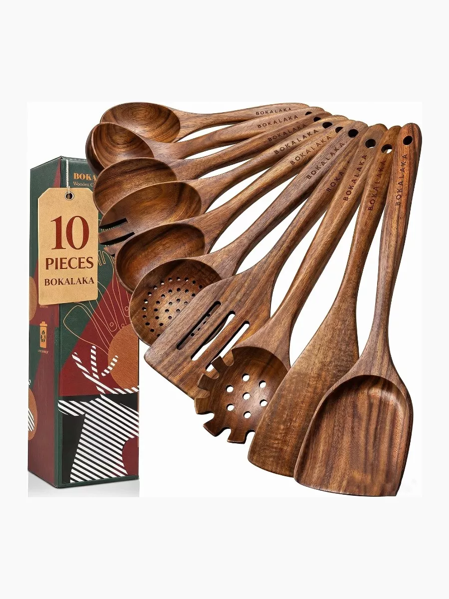 10-Piece Natural Teak Wooden Kitchen Utensils Set