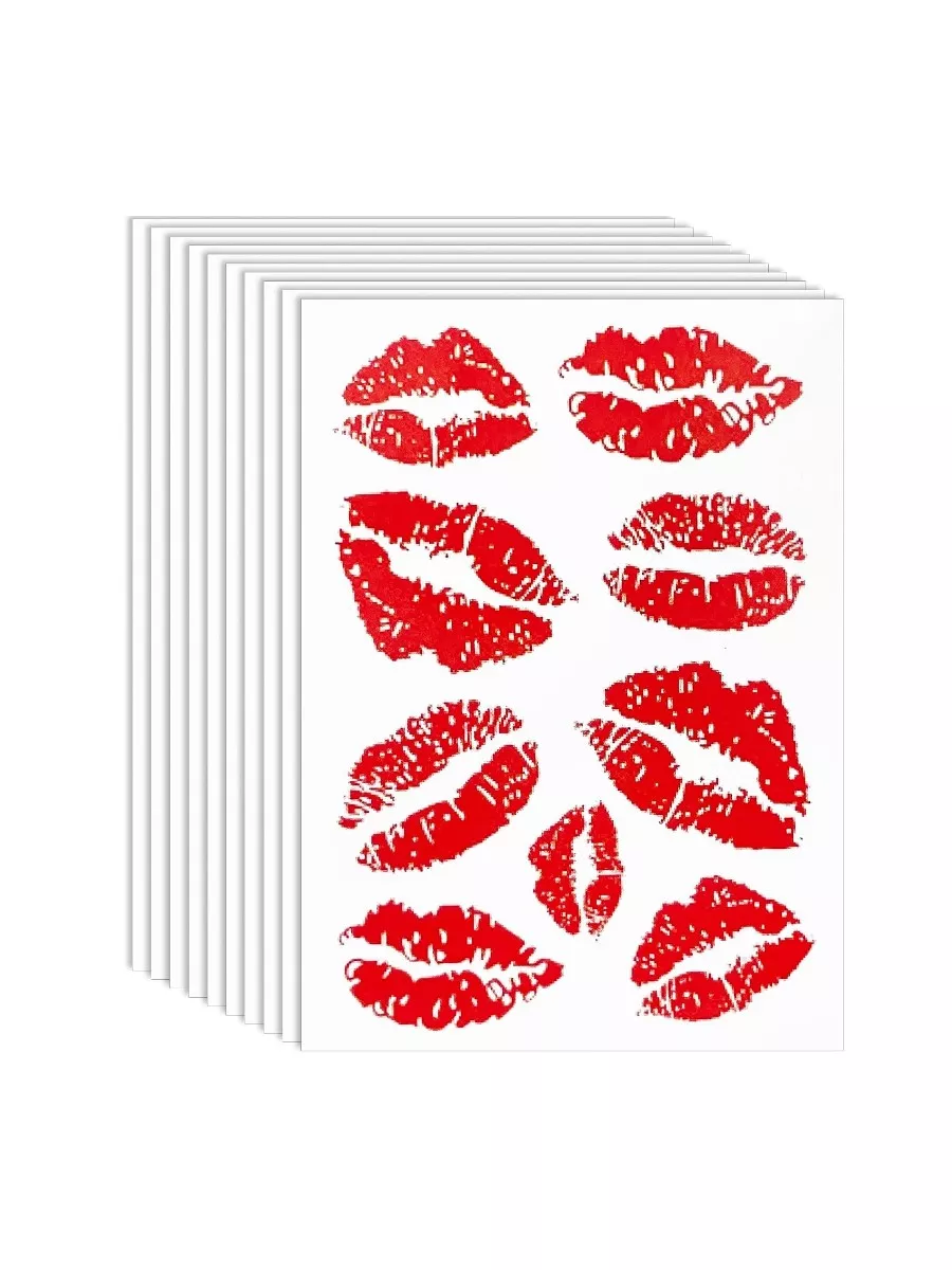 10 Sheets Red Kiss Temporary Tattoos - Waterproof Self-Adhesive Stickers for Face and Body