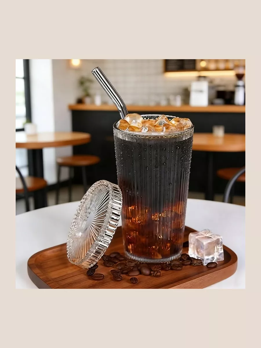 13oz Ribbed Glass Tumbler with Lid and Straw