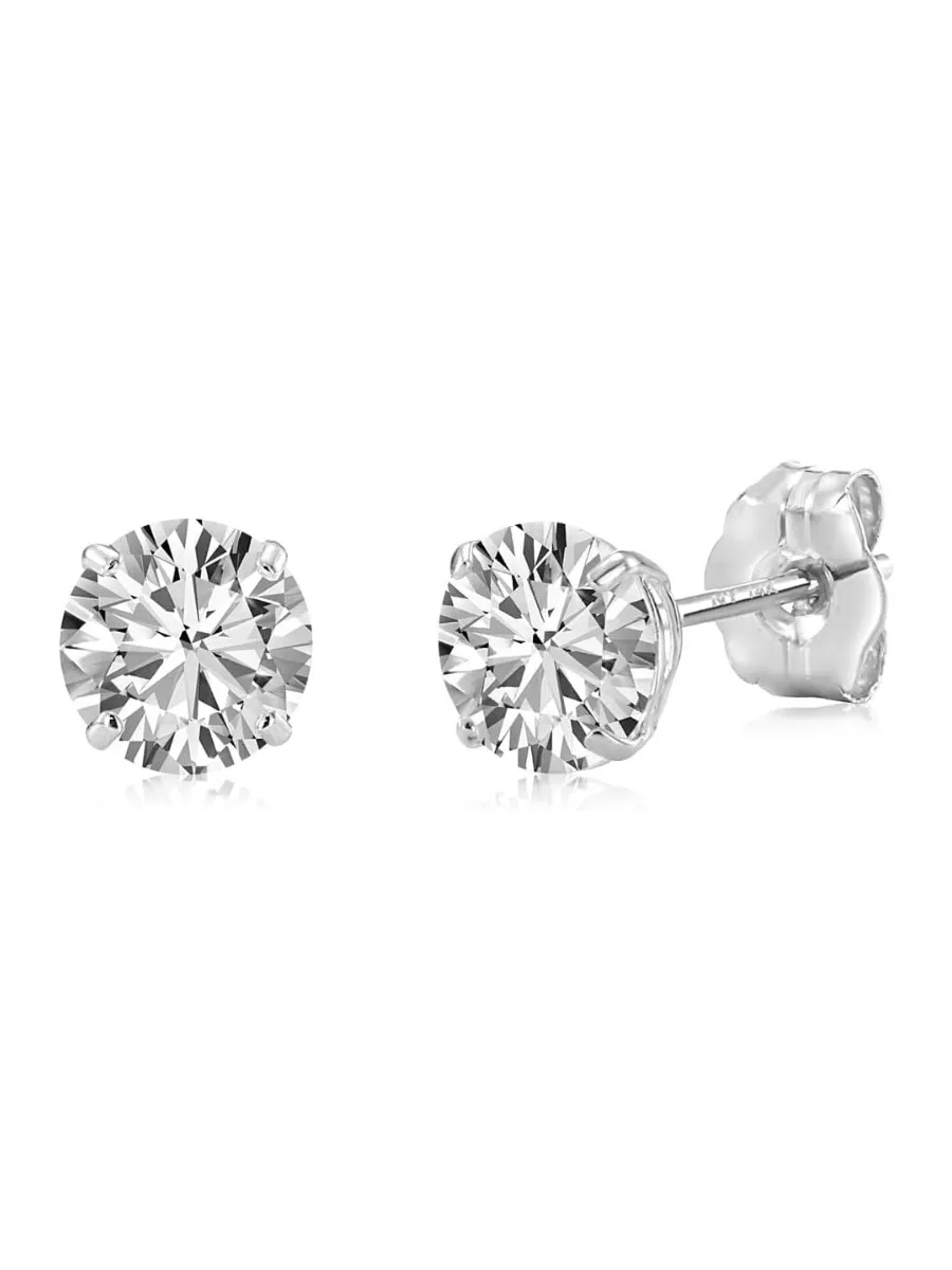 14k White Gold Solitaire Round Cubic Zirconia Stud Earrings with Pushbacks