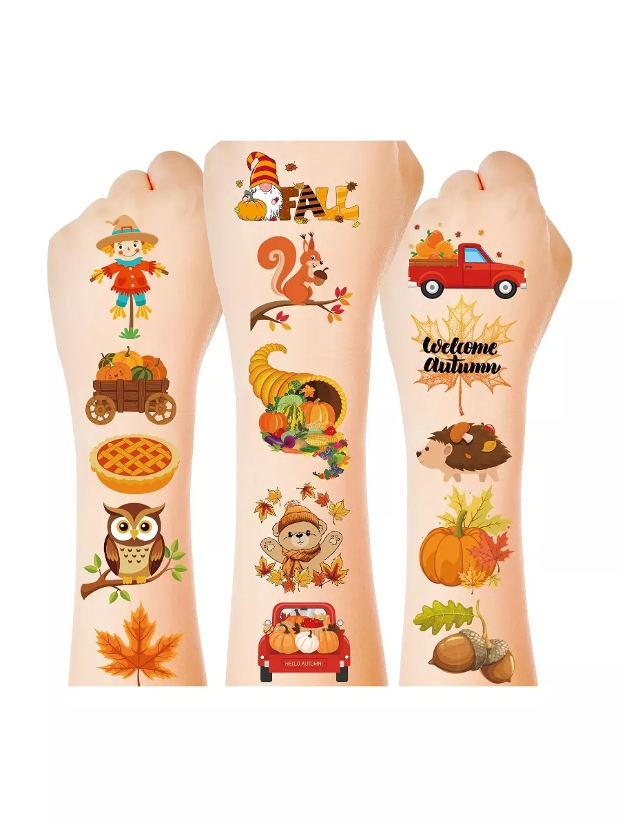 150 Pcs Fall Temporary Tattoos - Maple Leaves, Pumpkins, Autumn Stickers