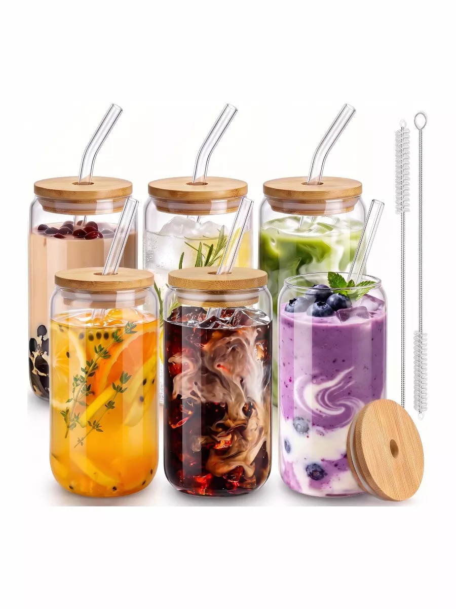 16 Oz Drinking Glasses - 6 Pcs Glass Cups with Bamboo Lids and Straws