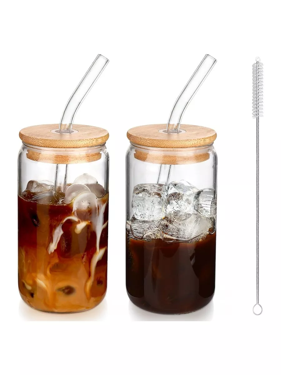 16 oz Iced Coffee Cups with Lids and Straws - 2 Piece Glass Cup Set Reusable