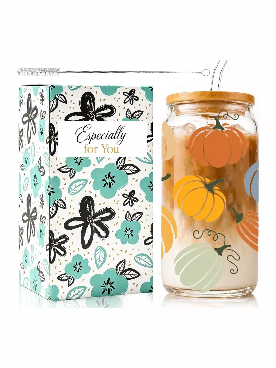 16oz Autumn Pumpkin Iced Coffee Glass Cup with Lid and Straw
