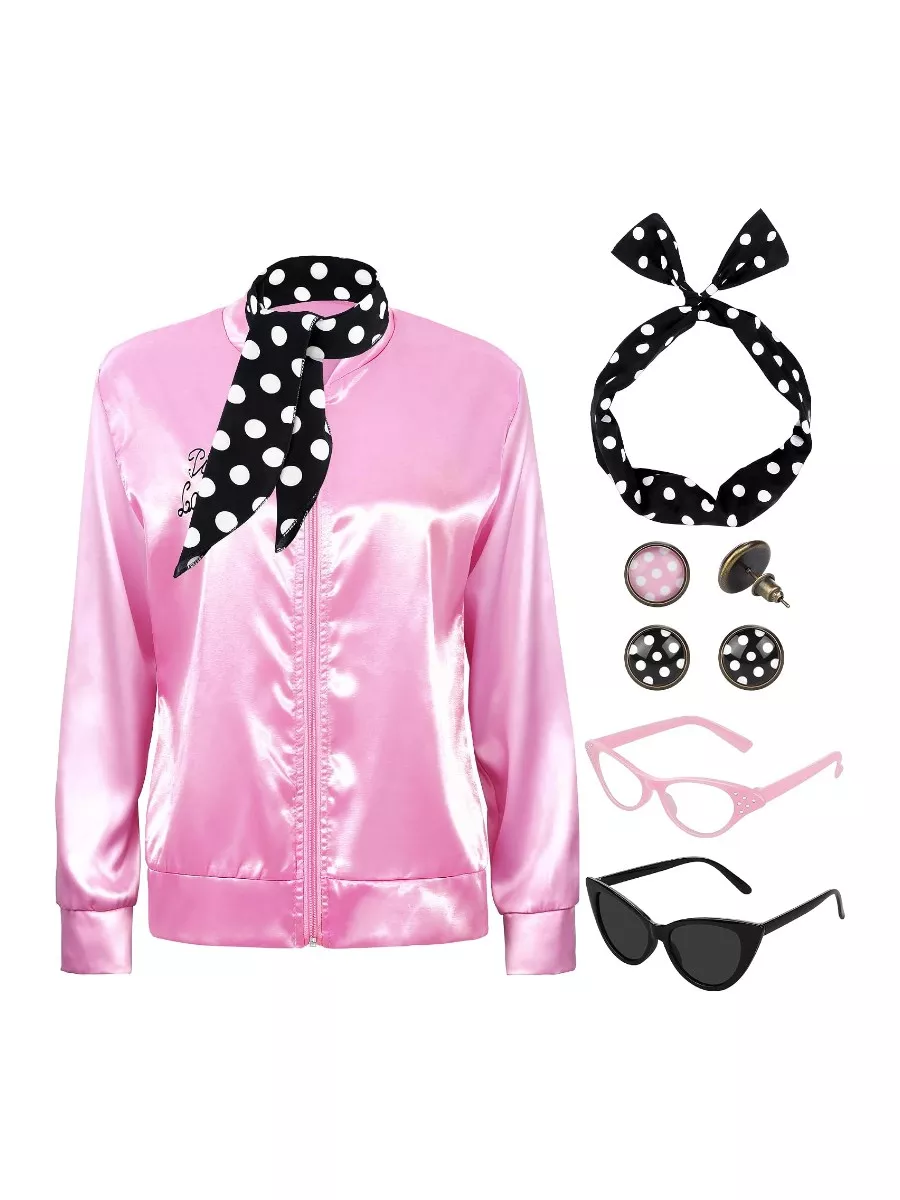 1950s Pink Satin Jacket with Neck Scarf Headband Earrings Cat Eye Glasses Costume Set