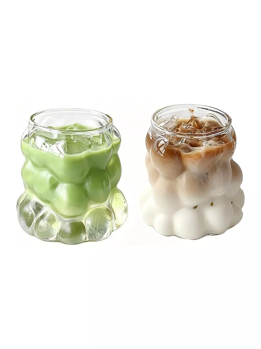 2 Pack 12 oz Wavy Bubble Glass Cups Clear Iced Coffee Glasses