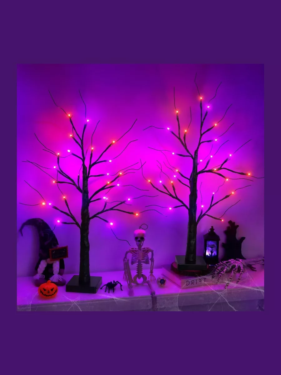 2-Pack 24-Inch Black Halloween Trees with LED Lights, USB/Battery Powered, Timer
