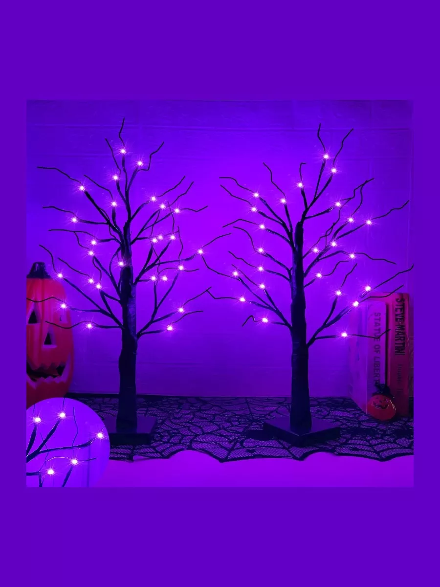 2 Pack 24 Inch Lighted Halloween Birch Trees - Purple