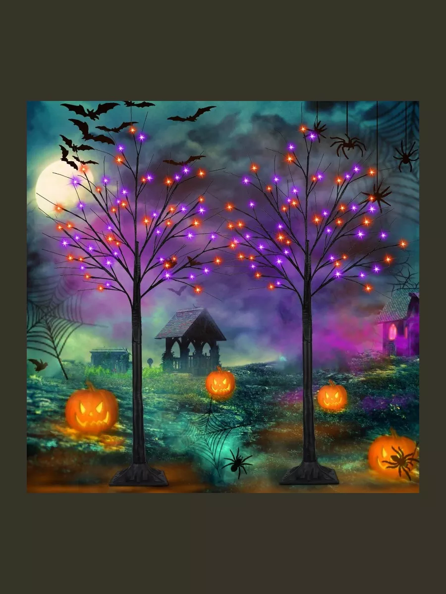 2 Pack 6FT Lighted Black Halloween Tree with 288 LED Orange & Purple Lights