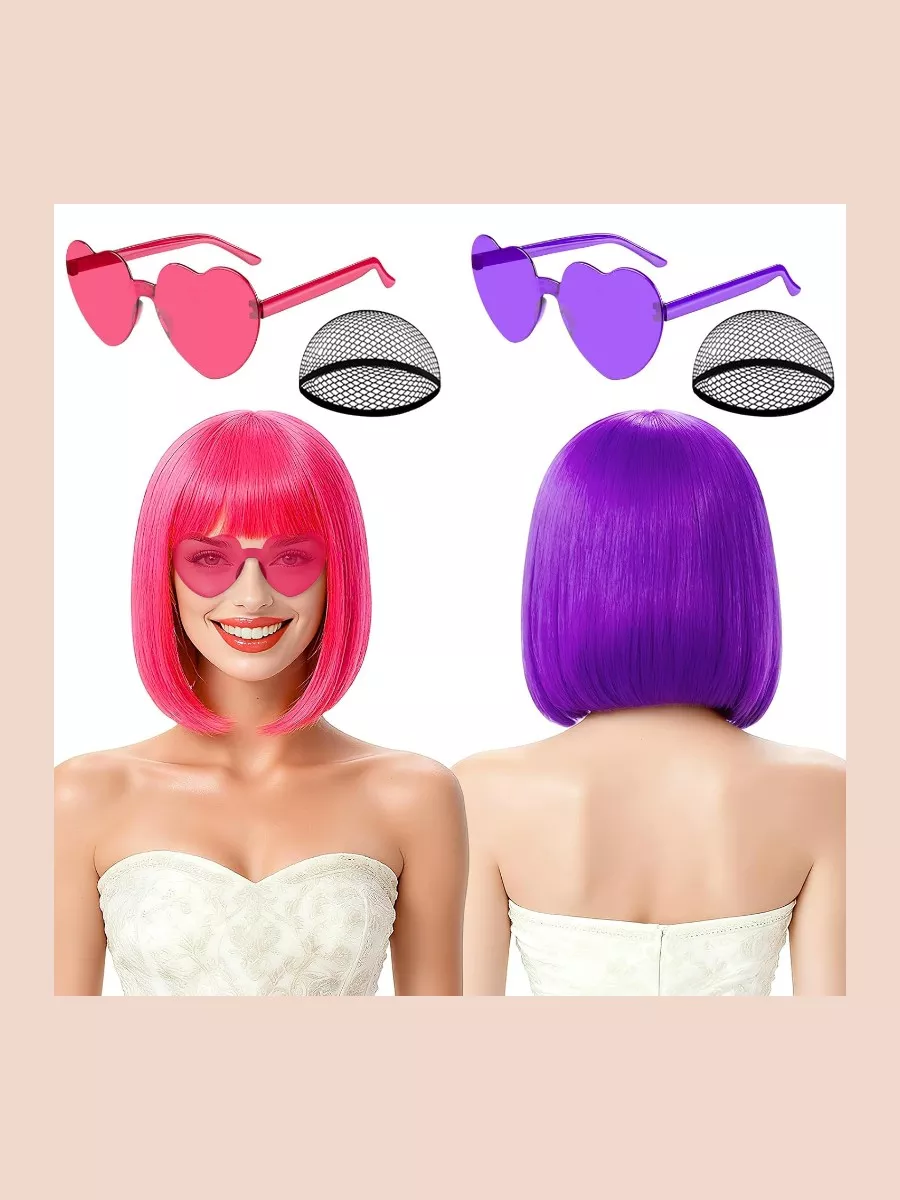 2 Pack Colored Bob Wigs and Heart Sunglasses Set