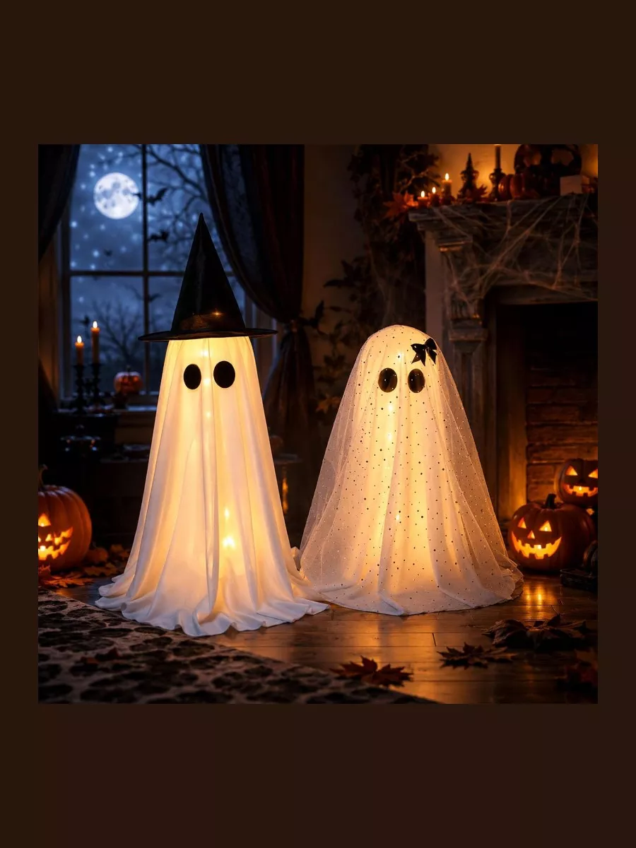 2-Pack DIY Halloween Ghost Decor, Spooky Lighted Witch Statues