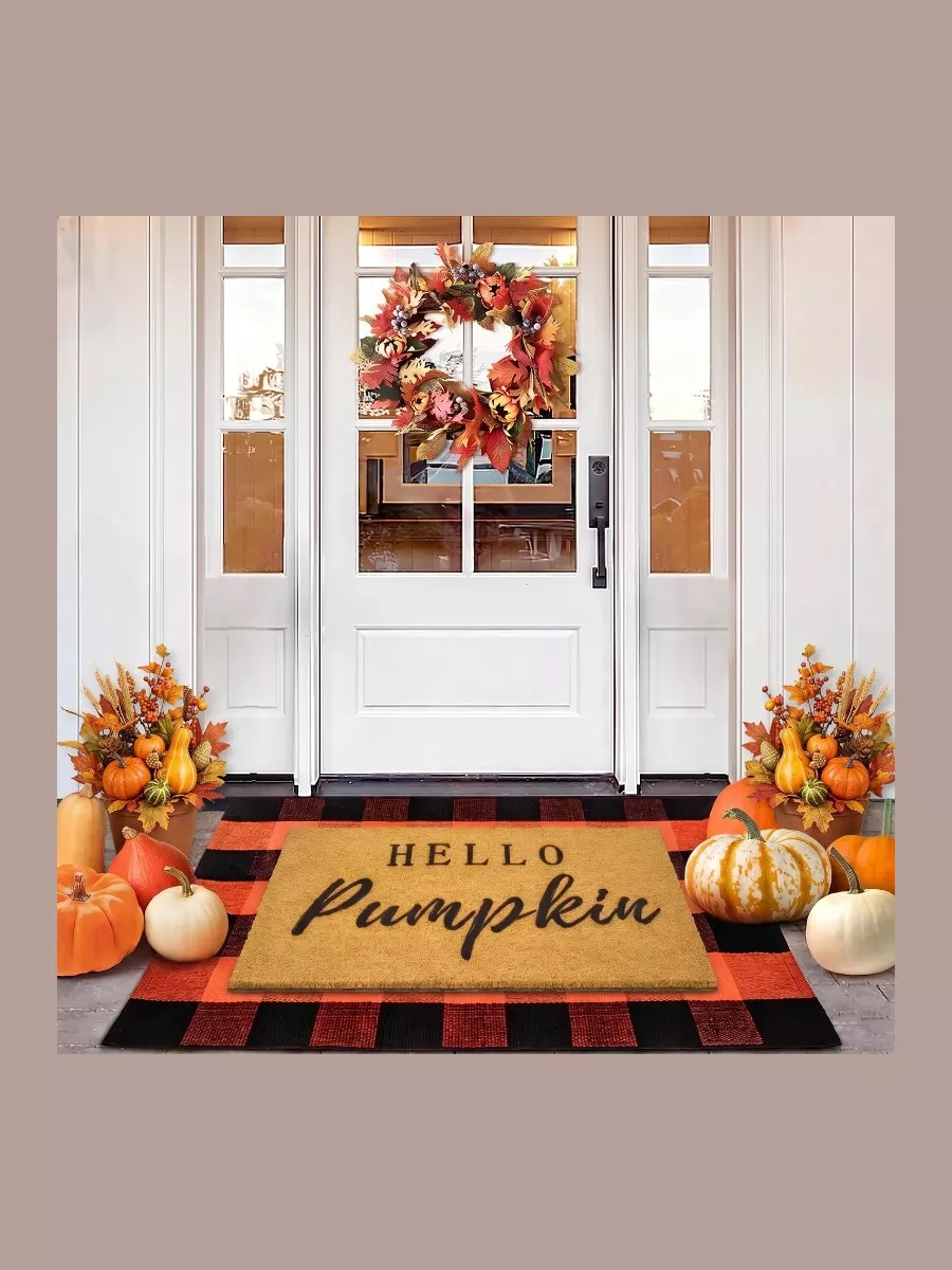 2-Piece Fall Door Mat Combo Set - Hello Pumpkin Mat and Buffalo Plaid Rug