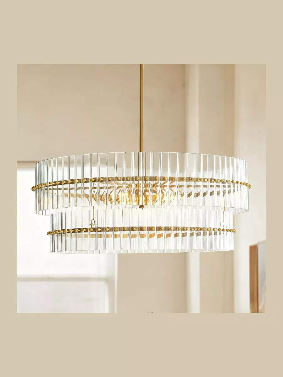 2-Tier Gold Round Glass Chandelier, 29 Inch Diameter, Modern Minimalist Clear Glass with Brass Metal Frame, Adjustable Hanging Light