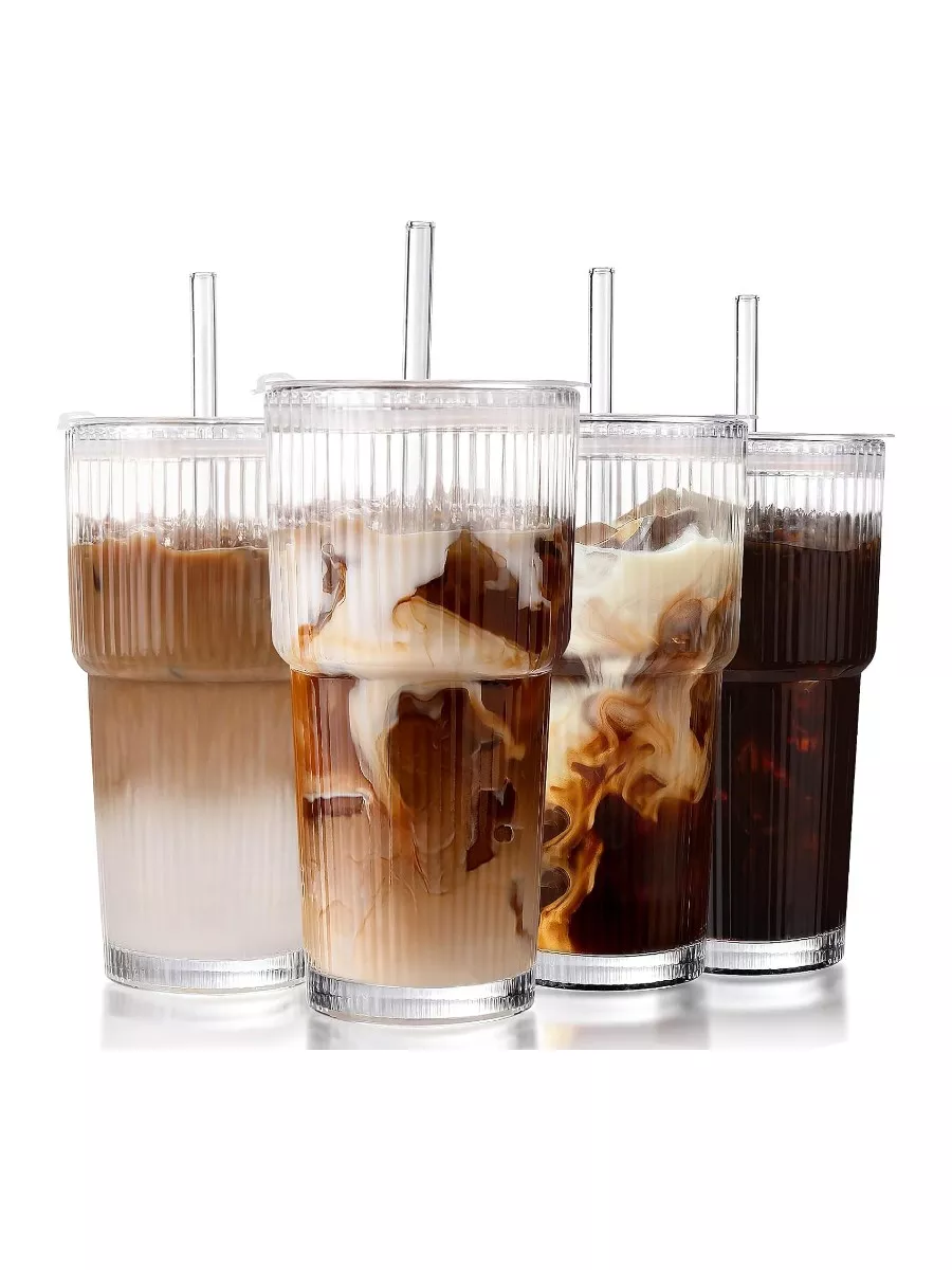 20oz Ribbed Iced Coffee Cups with Lids, 4-Piece Set