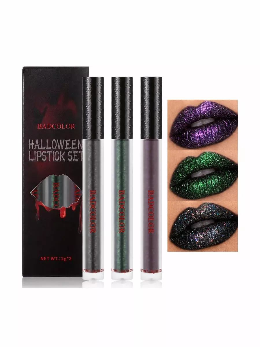 3 Colors Glitter Matte Liquid Lipstick Set - Black, Green, Purple