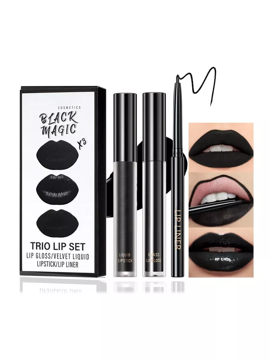 3-in-1 Black Matte Lipstick, Lip Liner, and Lip Gloss Set