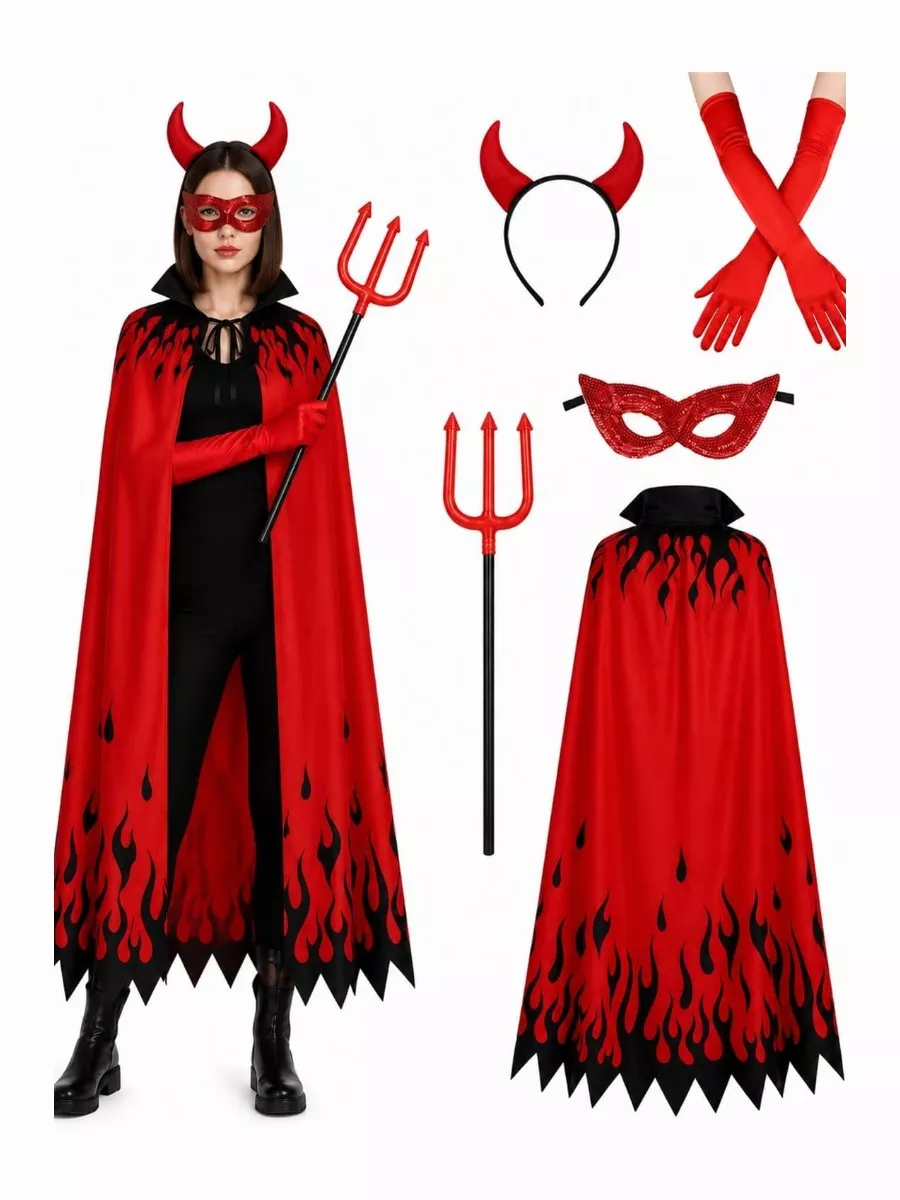 5 Pcs Devil Costume Women, 47 Inch Flame Cape with Unique Flame Pattern