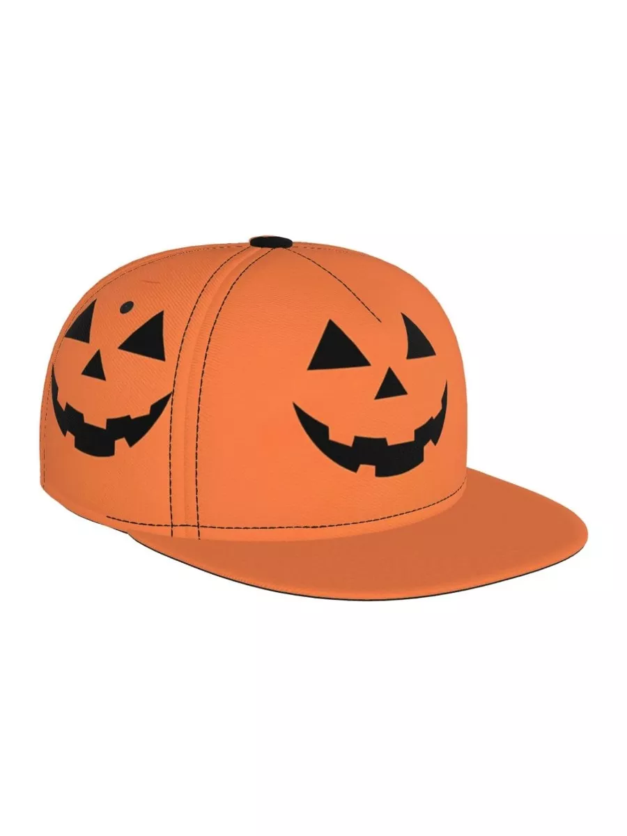 Halloween Baseball Cap - Flat Brim Adjustable Snapback Hat with Pumpkin Design