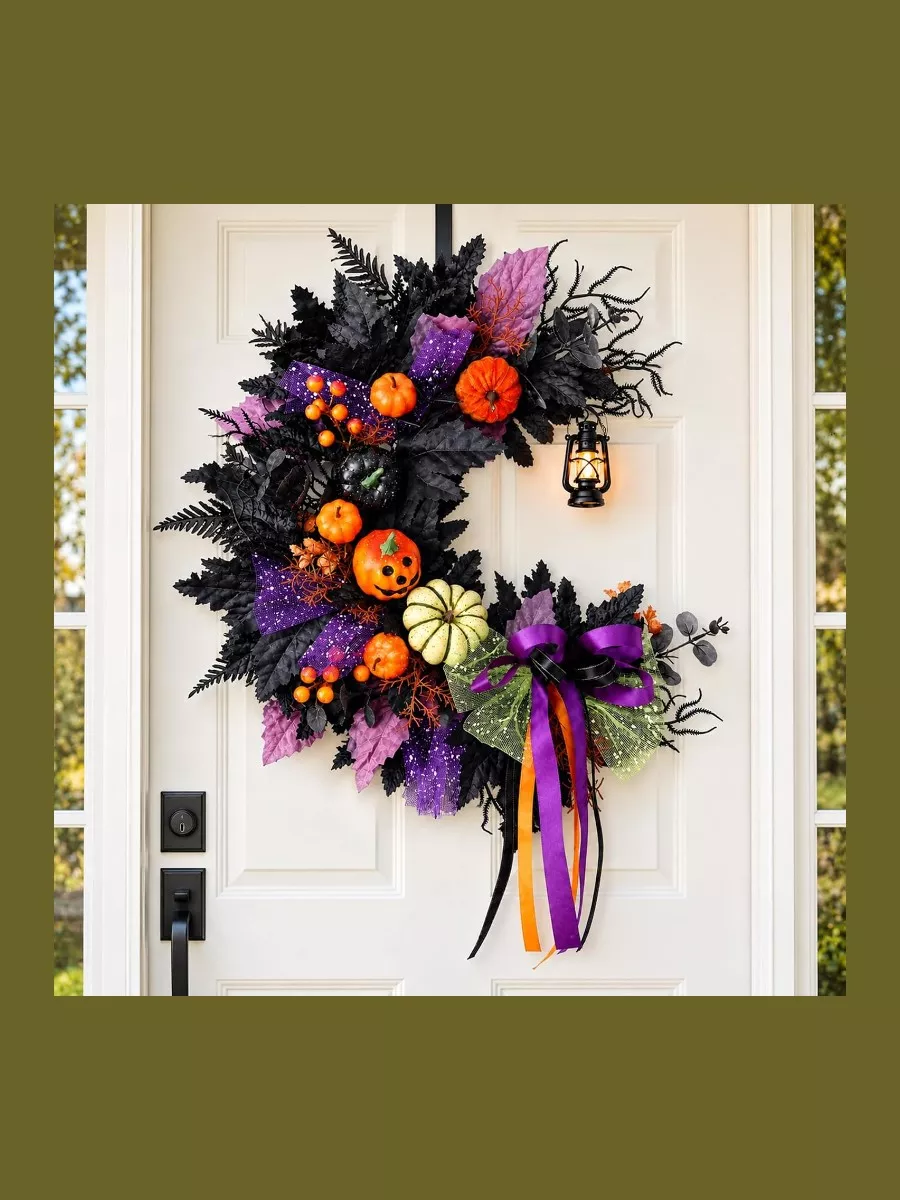Halloween Wreath for Front Door, Crescent Moon Wreath with Pumpkins, Bow & Lantern, Spooky Wall Decor