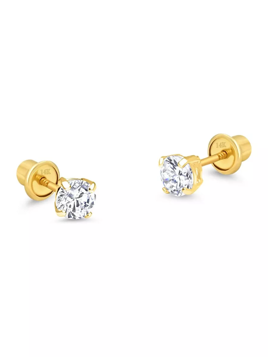 Lovearing 14k Yellow Gold Basket Round Cubic Zirconia Screw Back Baby Girls Earrings