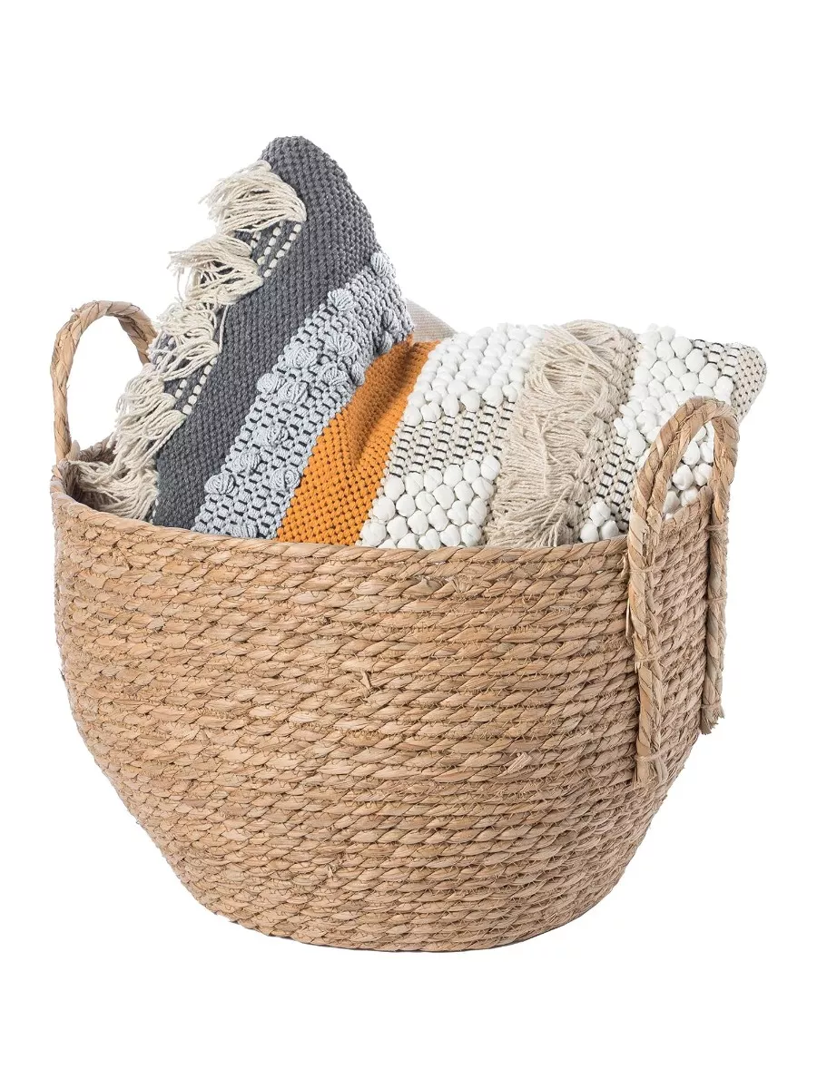 Vintiquewise Decorative Round Wicker Woven Rope Storage Blanket Basket with Braided Handles