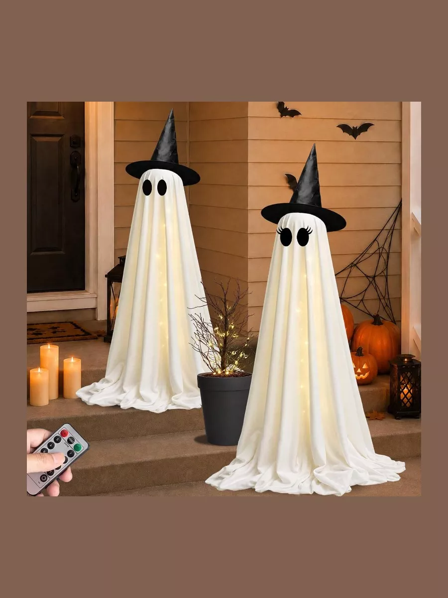 Watlie 2 Pack Light Up Halloween Ghost Decorations with Witch Hats and Remote Control