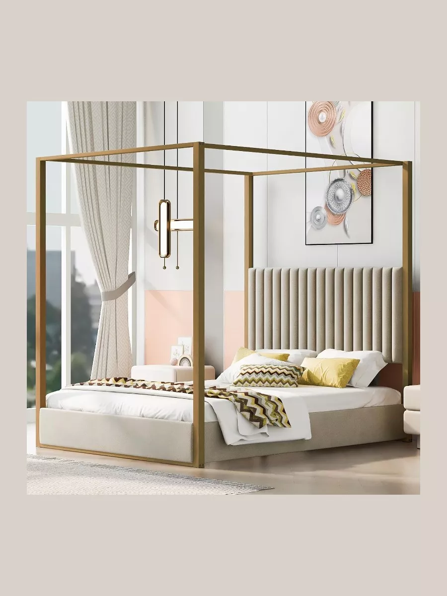 XD Designs Modern 4-Poster Canopy Platform Bed Queen Size with Upholstered Headboard, Beige+U